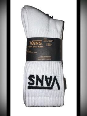Vans Crew Socks 3 Pair Boys 1-6 White w Black Logo Skate Off The Wall Ride NEW